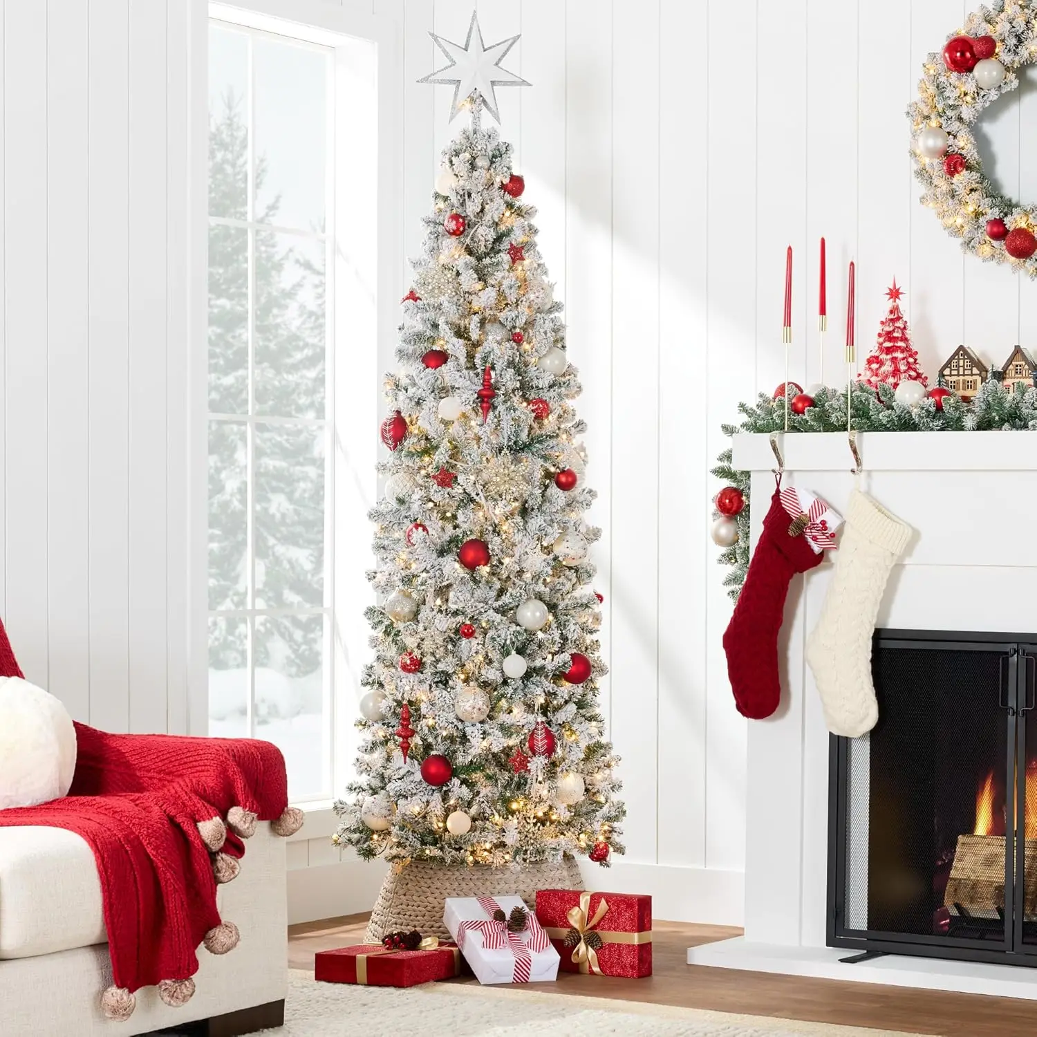 Flocked Pencil Christmas Tree, Pre-Lit Slim Artificial Holiday Decoration, 9ft Lighted Skinny w/Base, Warm White Lights
Flocked Pencil Christmas Tree, Pre-Lit Slim Artificial Holiday Decoration, 9ft Lighted Skinny w/Base, Warm White Lights
