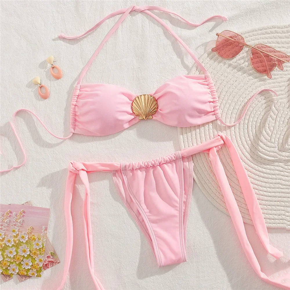 Metal Shell Ornament Bandeau Bikini Halter String Pink Solid Swimwears Micro Thong Sexy Swimsuit Women 2025 Bather Bikinis Sets
Metal Shell Ornament Bandeau Bikini Halter String Pink Solid Swimwears Micro Thong Sexy Swimsuit Women 2025 Bather Bikinis Sets