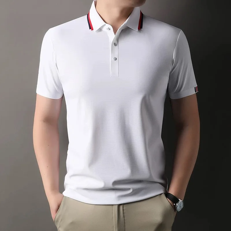 High end brand short sleeve polo shirt men's 2025 new fashion color blocked design ice silk seamless breathable lapel T-shirt
High end brand short sleeve polo shirt men's 2025 new fashion color blocked design ice silk seamless breathable lapel T-shirt