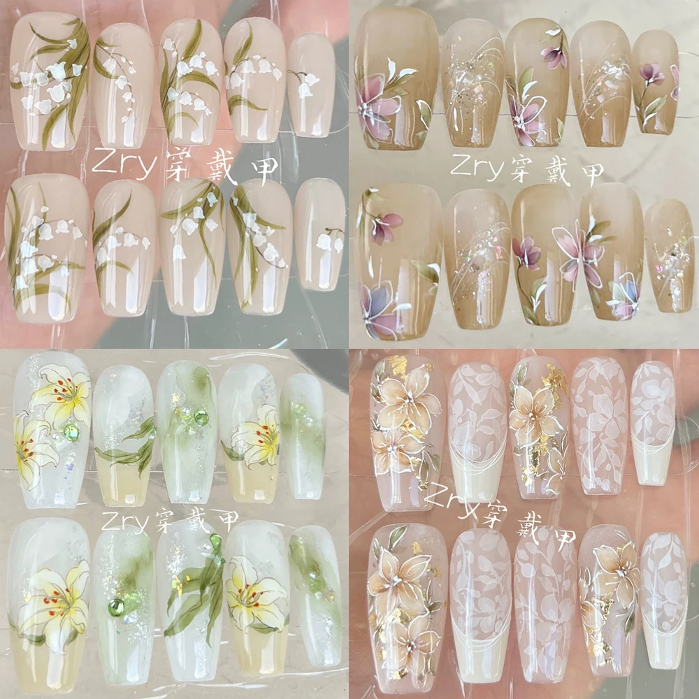 Hand-Drawn Flowers Long Coffin Handmade Nails Party Stickers Chinese Style Lotus Lily Chrysanthemum Peony Reusable False Nails
Hand-Drawn Flowers Long Coffin Handmade Nails Party Stickers Chinese Style Lotus Lily Chrysanthemum Peony Reusable False Nails