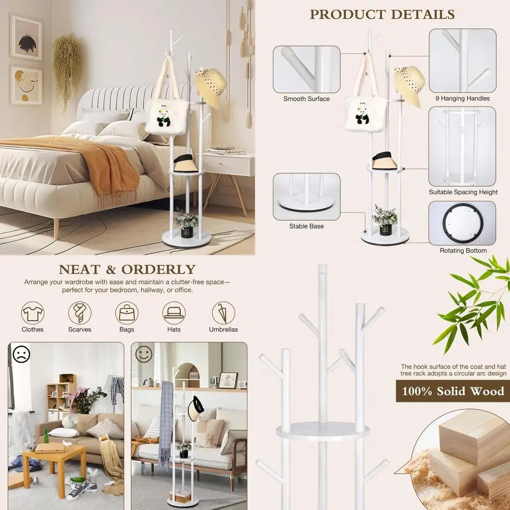 3-Tier Wooden Coat Rack with 9 Hooks - Freestanding for Entryway, Bedroom, Living Room, Hallway - Holds Coats, Hats, Bags (White
3-Tier Wooden Coat Rack with 9 Hooks - Freestanding for Entryway, Bedroom, Living Room, Hallway - Holds Coats, Hats, Bags (White