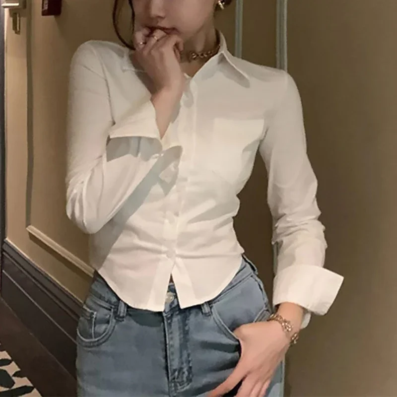 Korean White Office Women Chiffon Shirt Pocket Button Lapel Ladies Blouse Spring Commuter Long Sleeve New Female Crop Tops
Korean White Office Women Chiffon Shirt Pocket Button Lapel Ladies Blouse Spring Commuter Long Sleeve New Female Crop Tops