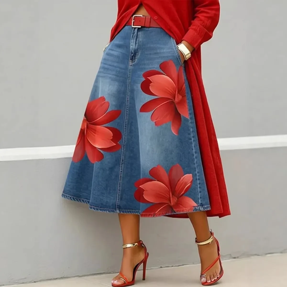 Women's Streetwear Red Floral Print Denim Midi Skirt High Waist A Line Casual Swing Flared Trendy Plus Size Skirt Streetwear
Women's Streetwear Red Floral Print Denim Midi Skirt High Waist A Line Casual Swing Flared Trendy Plus Size Skirt Streetwear
