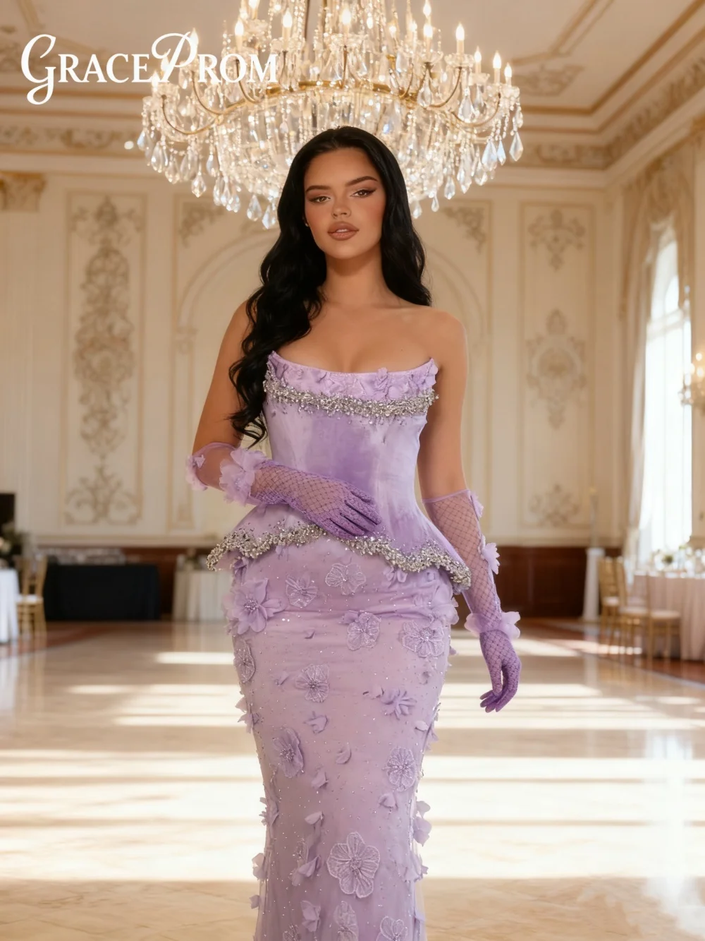 GraceProm Lavender Velvet Mesh Evening Dress Luxurious Off Shoulder 3D Floral Appliqué Crystal Gown Formal Dress No Gloves
GraceProm Lavender Velvet Mesh Evening Dress Luxurious Off Shoulder 3D Floral Appliqué Crystal Gown Formal Dress No Gloves