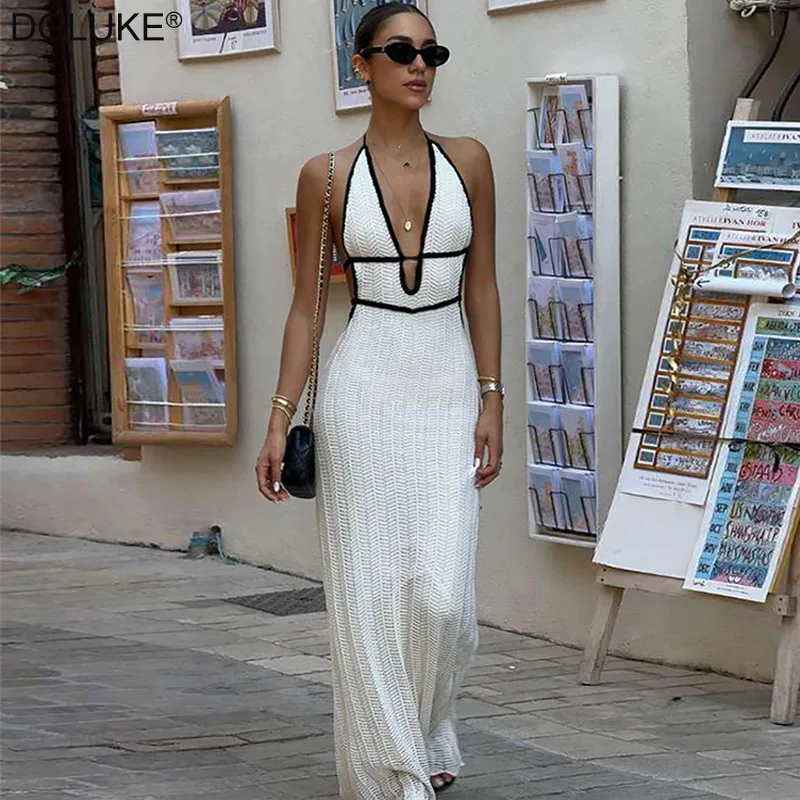 DGLUKE White Knitted Beach Dress For Women Halter Backless Sexy Maxi Dress Contrasr Trim Crochet Summer Long Dress 2025
DGLUKE White Knitted Beach Dress For Women Halter Backless Sexy Maxi Dress Contrasr Trim Crochet Summer Long Dress 2025