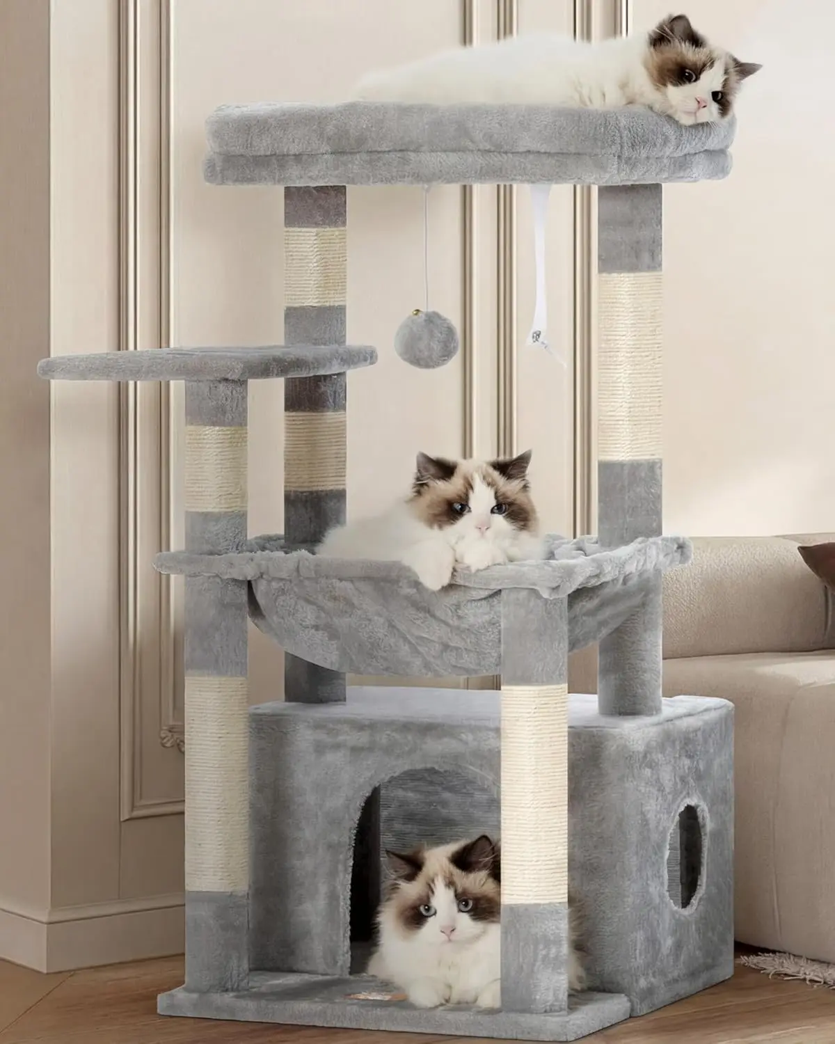 Cat Tree with Large Soft Basket, Spacious Bed Cave, Sisal Scratching Posts, Dangling Ball, Light Gray
Cat Tree with Large Soft Basket, Spacious Bed Cave, Sisal Scratching Posts, Dangling Ball, Light Gray