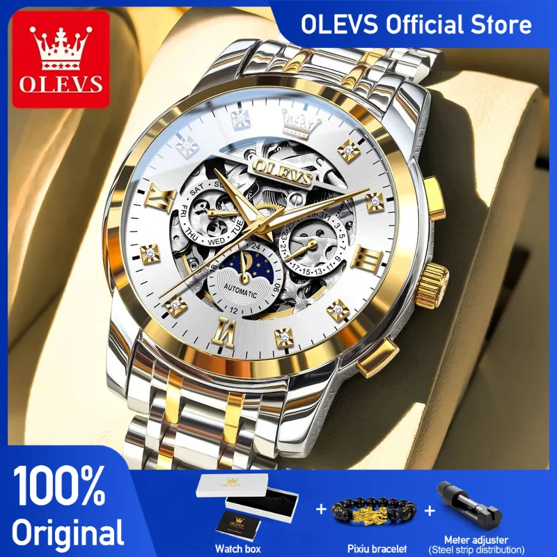 OLEVS 6721, мужские часы, оригинальные роскошные полые автоматические механические часы, водонепроницаемые светящиеся часы с фазой Луны для мужчин с коробкой
OLEVS 6721, мужские часы, оригинальные роскошные полые автоматические механические часы, водонепроницаемые светящиеся часы с фазой Луны для мужчин с коробкой