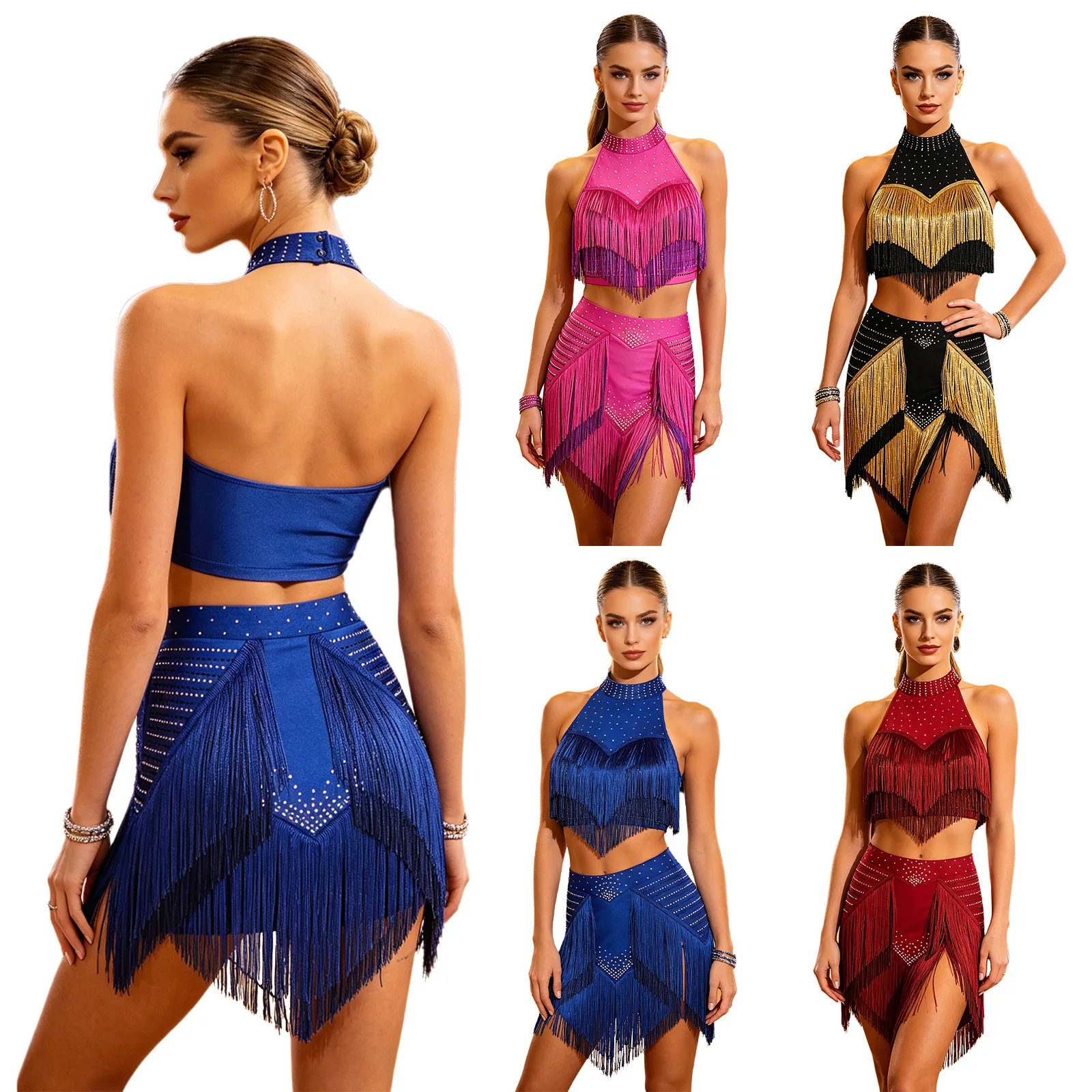 Women Dance Outfit Halter Backless Crop Top And Tiered Tassel Skirt with Built-in Briefs for Cha-cha Tango Latin Rumba
Women Dance Outfit Halter Backless Crop Top And Tiered Tassel Skirt with Built-in Briefs for Cha-cha Tango Latin Rumba