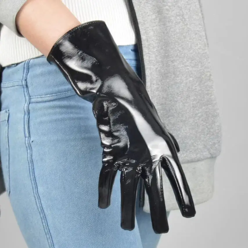 Women's patent PU leather medium long gloves female runway fashion leather driving glove 28cm TB857
Women's patent PU leather medium long gloves female runway fashion leather driving glove 28cm TB857