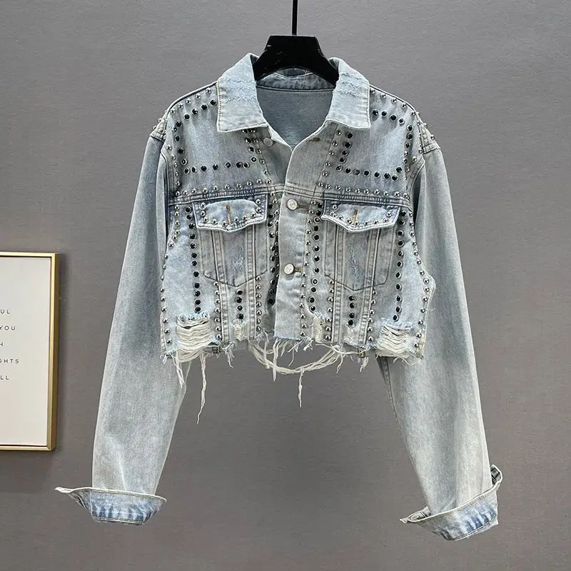 Heavy Industry Riveted Diamond Denim Jacket Women's Long Sleeve Worn Nail Bead Jacket Top European Station New Spring and Autumn
Heavy Industry Riveted Diamond Denim Jacket Women's Long Sleeve Worn Nail Bead Jacket Top European Station New Spring and Autumn