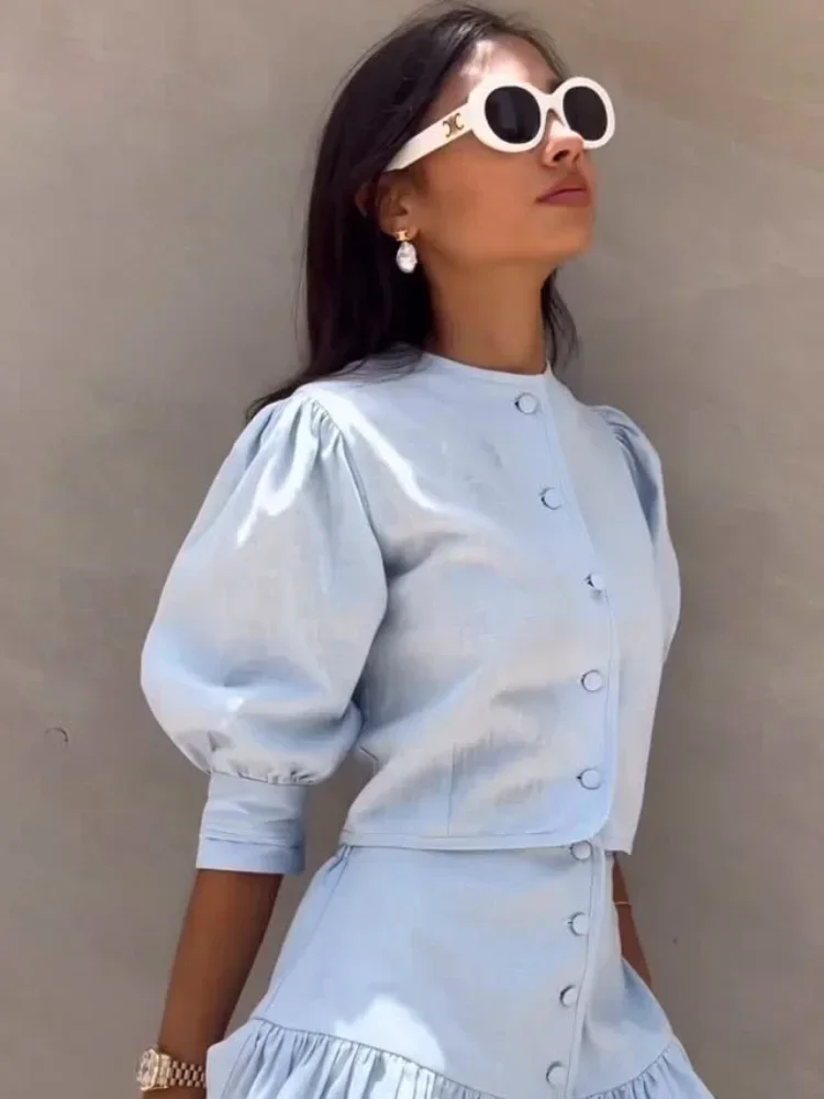 Solid Cotton Linen Bubble Sleeve Skirts Suit Women Round Neck Single Breasted Shirt Mini Skirt 2-piece Set 2026 Holiday Outfit
Solid Cotton Linen Bubble Sleeve Skirts Suit Women Round Neck Single Breasted Shirt Mini Skirt 2-piece Set 2026 Holiday Outfit