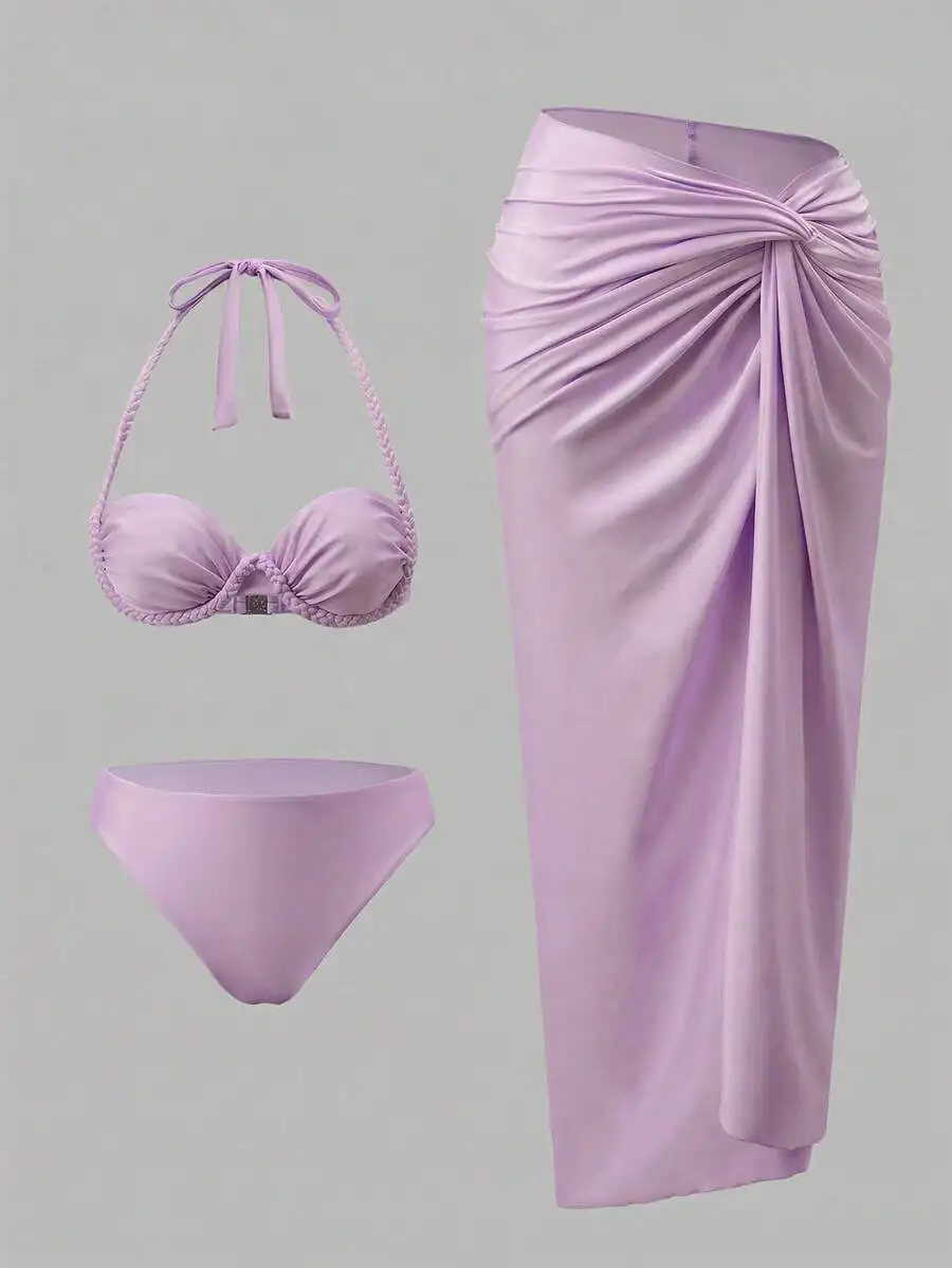 Lavender Halter Tie Bikini Set With Wrap Skirt For Women Beach Vacation Outfit
Lavender Halter Tie Bikini Set With Wrap Skirt For Women Beach Vacation Outfit