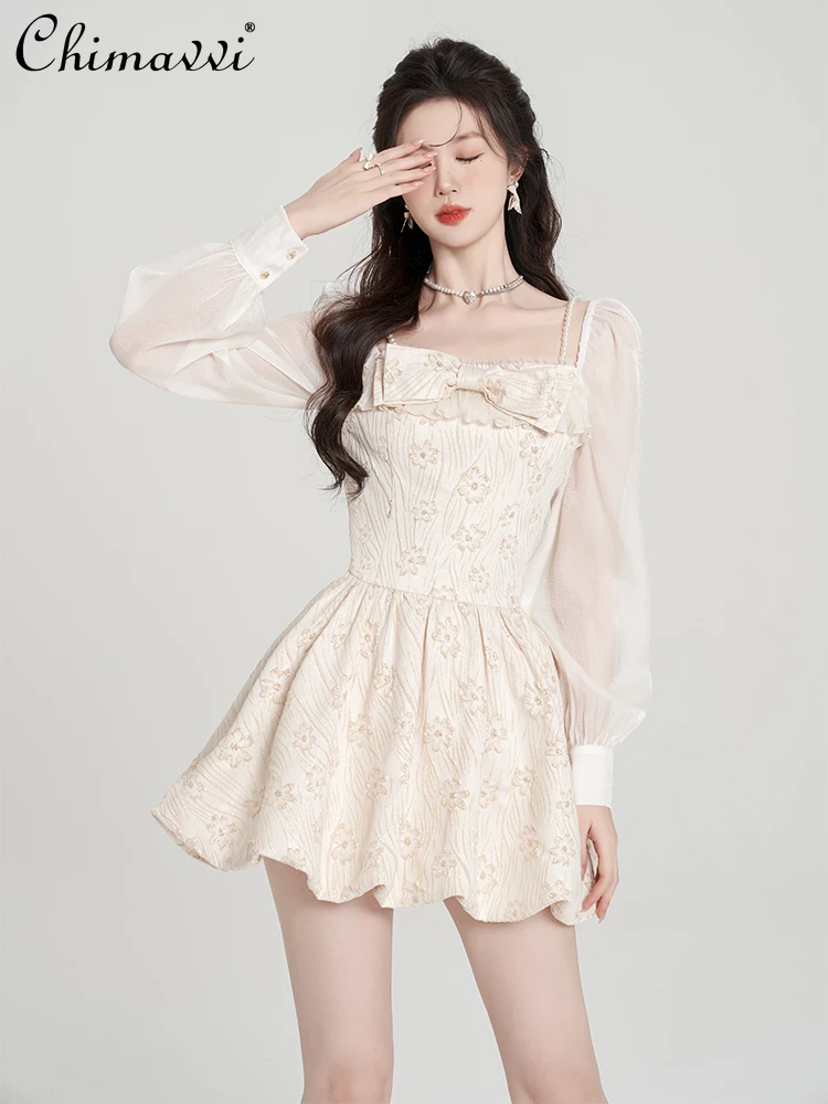 French Retro Jacquard Square Collar Short Dress Women Spring Long Sleeve Pearl Shoulder Strap Sweet Bow A-line Princess Dresses
French Retro Jacquard Square Collar Short Dress Women Spring Long Sleeve Pearl Shoulder Strap Sweet Bow A-line Princess Dresses