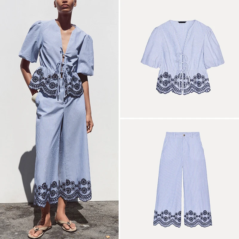 Summer 2025 Women's Embroidered V-ne Top And Wide Leg Pants Faion Set Z Brand Polyester Fiber Student orm Workwear
Summer 2025 Women's Embroidered V-ne Top And Wide Leg Pants Faion Set Z Brand Polyester Fiber Student orm Workwear