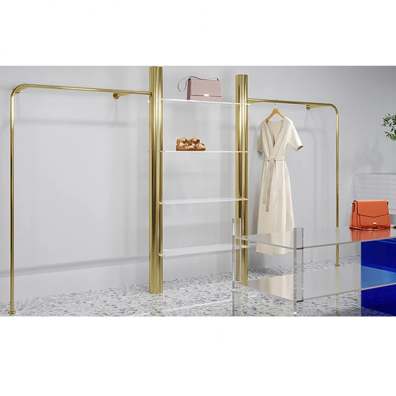 Custom. high end plating clothing rack pipe metal stainless steel wall clothing rack for boutique clothing store
Custom. high end plating clothing rack pipe metal stainless steel wall clothing rack for boutique clothing store