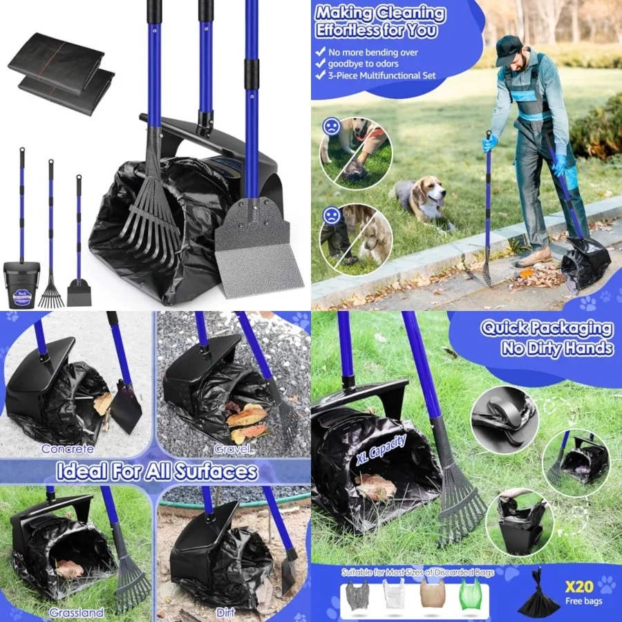 Dog Pooper Scooper - 37.4" Long Metal Handle Adjustable Rake and Spade and Swivel Bin with 20 Waste Bags, Portable Pooper Scoop
Dog Pooper Scooper - 37.4" Long Metal Handle Adjustable Rake and Spade and Swivel Bin with 20 Waste Bags, Portable Pooper Scoop