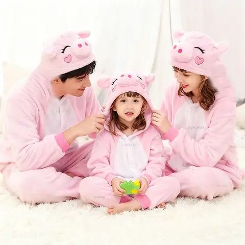Christmas Cartoon Animal Pig Onesie One-Piece Pajamas Children Plush Kigurumi Costumes Winter Warm Clothes Boys Girls Halloween