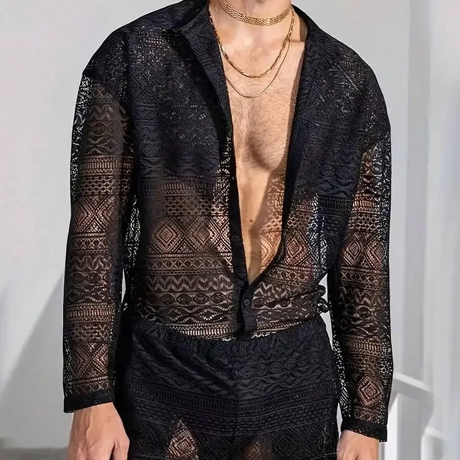Mens Lace See-Through Long Shirt And Shorts 2pcs Set Casual Summer Beach Clubwear
Mens Lace See-Through Long Shirt And Shorts 2pcs Set Casual Summer Beach Clubwear