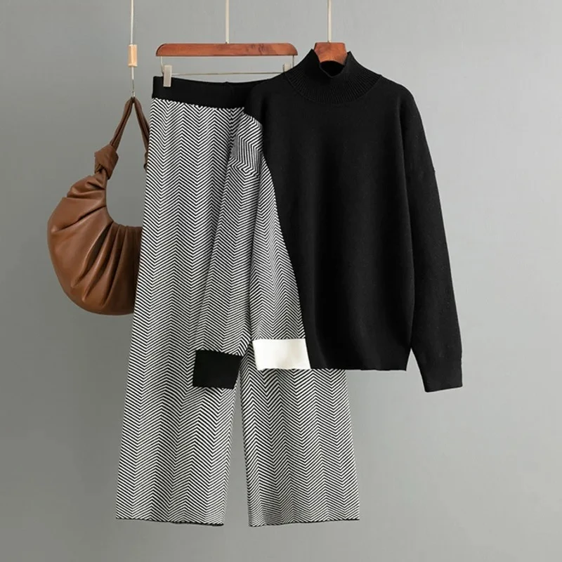 DEAT Fashion Knitted Two-pieces Set For Women Half High Collar Loose Spliced Contrast Color Sweater Elastic Waist Wide Leg Pants
DEAT Fashion Knitted Two-pieces Set For Women Half High Collar Loose Spliced Contrast Color Sweater Elastic Waist Wide Leg Pants