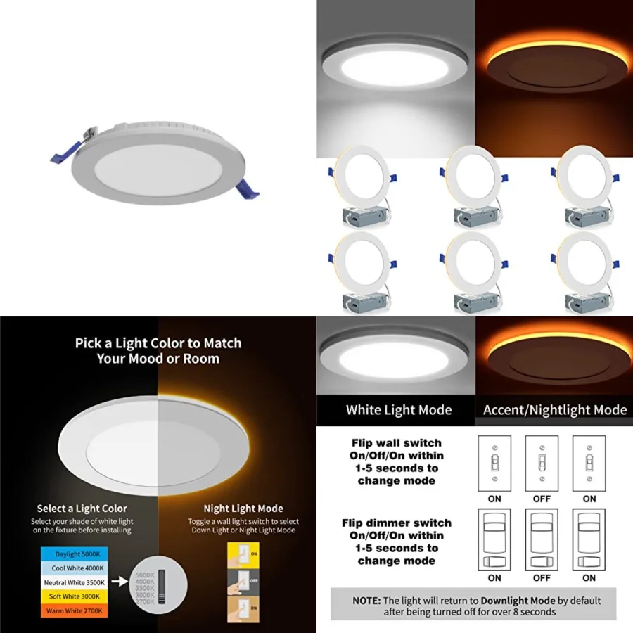 Pack 5CCT LED Recessed Lighting with Night Light, 2700K/3000K/3500K/000K/5000K Selectable Ultra-Th LED Recessed Ceilg Lights, 1
Pack 5CCT LED Recessed Lighting with Night Light, 2700K/3000K/3500K/000K/5000K Selectable Ultra-Th LED Recessed Ceilg Lights, 1