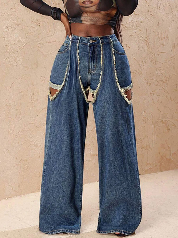 Designer Women's High Waist Paneled Denim Jeans With Cut-Out Detail Trendy Wide Leg Split Hem Pants High Street Stylish Trousers
Designer Women's High Waist Paneled Denim Jeans With Cut-Out Detail Trendy Wide Leg Split Hem Pants High Street Stylish Trousers