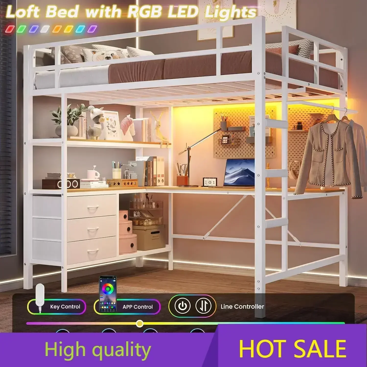 Hot-sellingLED Lights and Charging Station Full Metal Loft Bed Cost-effective Full Size Loft Bed with L-Shaped Desk, Frame with
Hot-sellingLED Lights and Charging Station Full Metal Loft Bed Cost-effective Full Size Loft Bed with L-Shaped Desk, Frame with