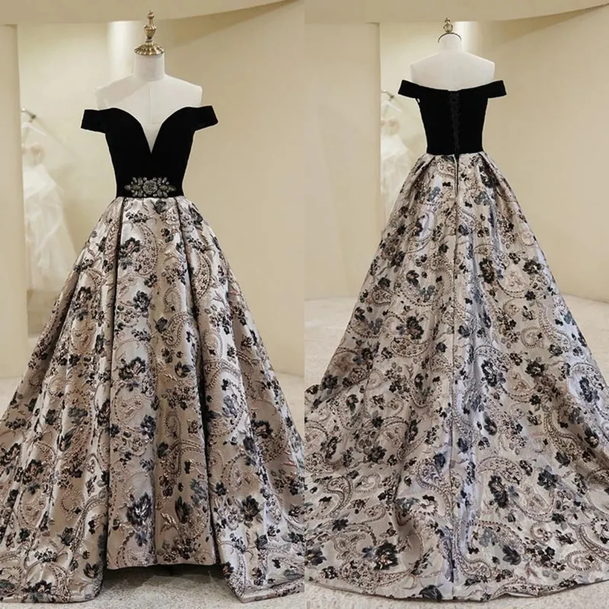 Evening Dress Black Velvet Jacquard Boat Neck Luxury Short Sleeves Floor-Length Plus size Party Formal Ball Gown Customization
Evening Dress Black Velvet Jacquard Boat Neck Luxury Short Sleeves Floor-Length Plus size Party Formal Ball Gown Customization