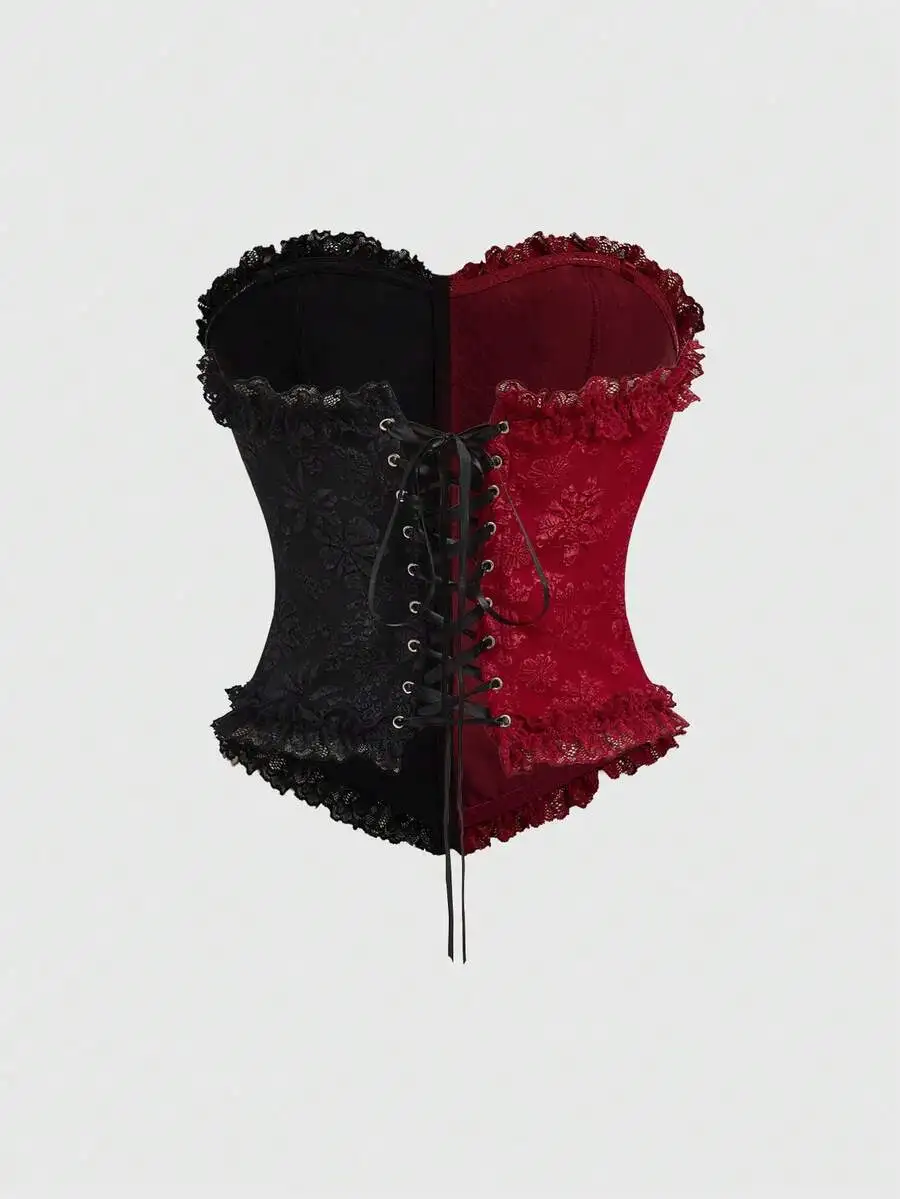 Jacquard Red And Black Bustier Crop Top With Lace Bell Sleeves
Jacquard Red And Black Bustier Crop Top With Lace Bell Sleeves