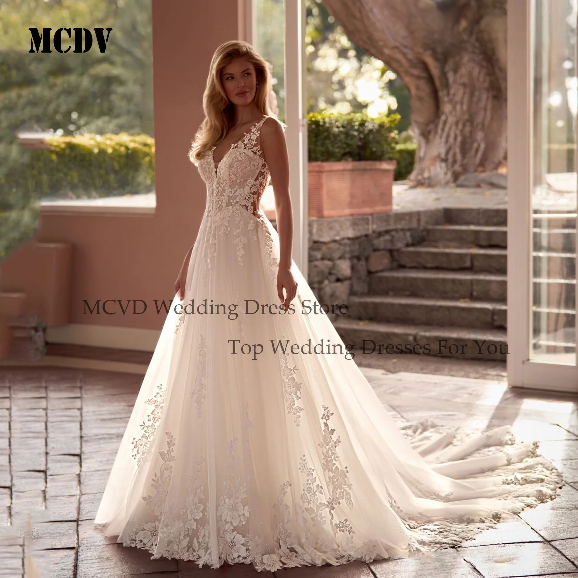 MCDV Applique Lace Boho Wedding Dress Backless A-Line Sweep Train Bride Gowns Sleeveless V-Neck Beach Wedding Dresses Customized
MCDV Applique Lace Boho Wedding Dress Backless A-Line Sweep Train Bride Gowns Sleeveless V-Neck Beach Wedding Dresses Customized