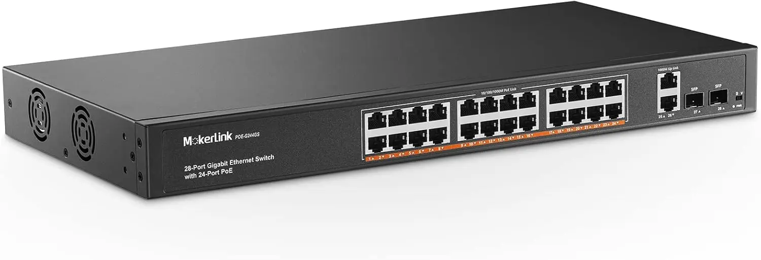 24 Port Gigabit PoE+ Switch, 2 Uplink & 2 SFP, 400W, Unmanaged Plug & Play
24 Port Gigabit PoE+ Switch, 2 Uplink & 2 SFP, 400W, Unmanaged Plug & Play