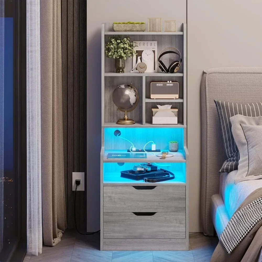 Tall Nightstand with Charging Station and LED Lights, LED Gray Nightstand with Drawers and Shelves, Tall Bedside Table
Tall Nightstand with Charging Station and LED Lights, LED Gray Nightstand with Drawers and Shelves, Tall Bedside Table