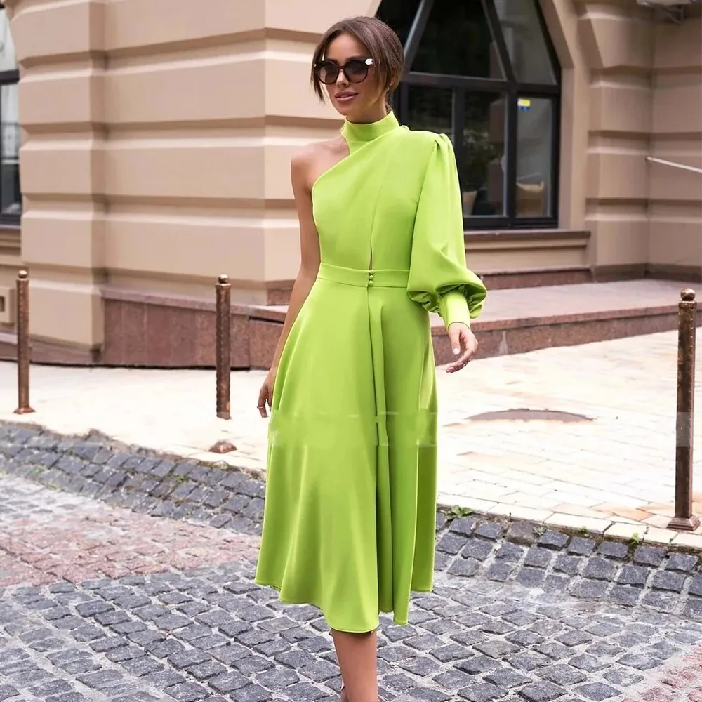 2026 Modern Green Short Formal Evening Dress One-shoulder Long Sleeves Button Pleat Ruched Christmas Prom Pageant Party Gowns 
2026 Modern Green Short Formal Evening Dress One-shoulder Long Sleeves Button Pleat Ruched Christmas Prom Pageant Party Gowns