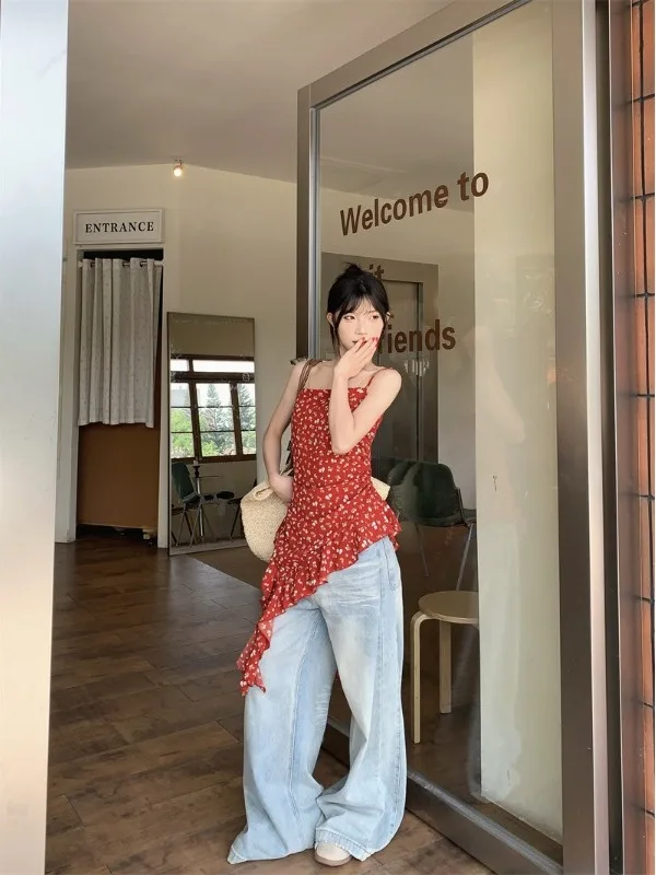 Sweet And Spicy Girl Floral Asymmetrical Hem off Shoulder Vest Women's Summer New Fashion Pleated Top Midi Length Sleeveless
Sweet And Spicy Girl Floral Asymmetrical Hem off Shoulder Vest Women's Summer New Fashion Pleated Top Midi Length Sleeveless