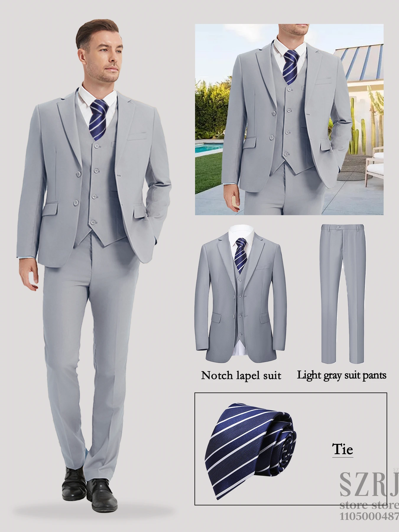 Men's 4-Piece Suit: Jacket+Vest+Pants+Blue Striped Tie. V-Neck, Gentleman Style, Tailored. For Business, Parties, Weddings.
Men's 4-Piece Suit: Jacket+Vest+Pants+Blue Striped Tie. V-Neck, Gentleman Style, Tailored. For Business, Parties, Weddings.
