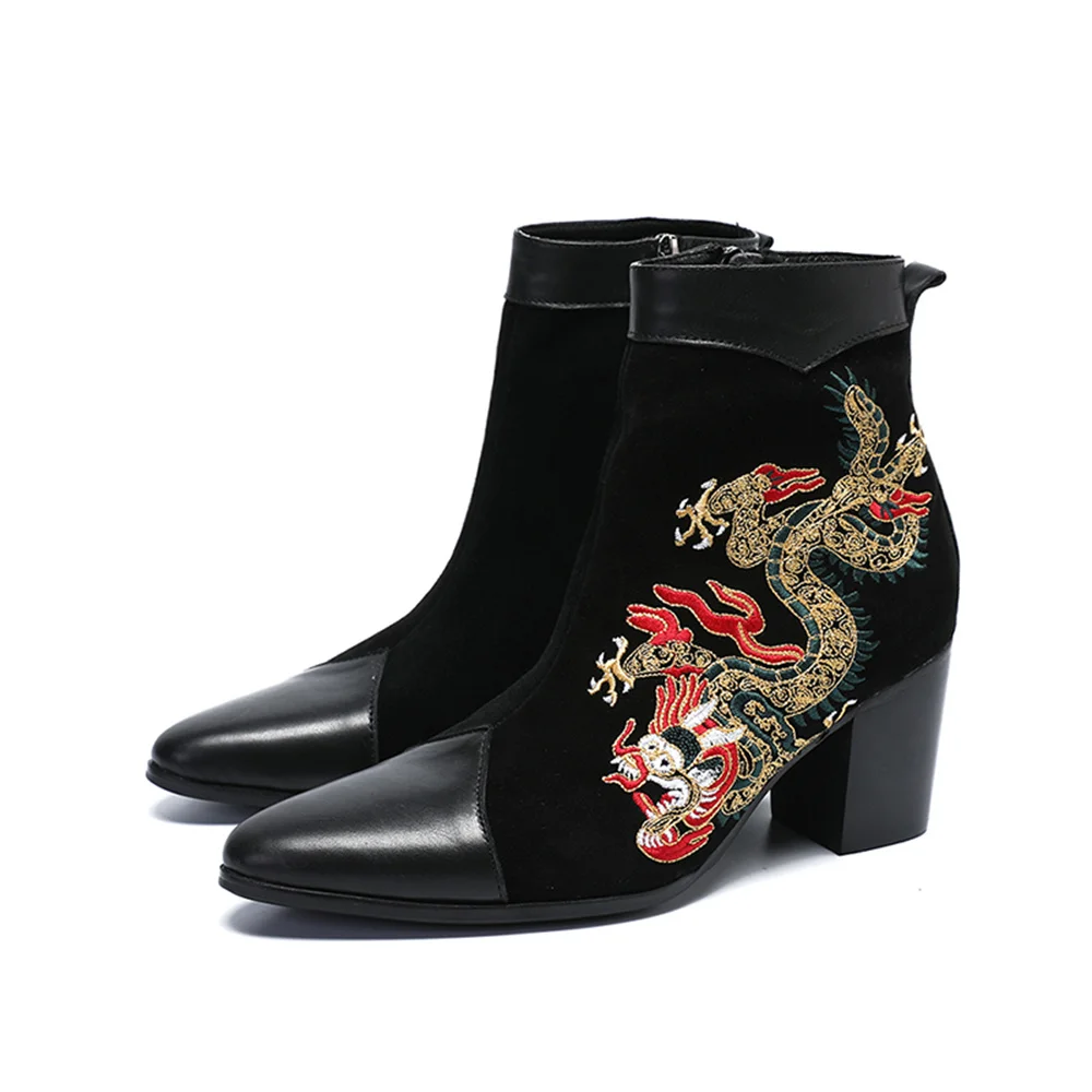 Black Nylon Zipper Dragon Embroider Genuine Leather Thick High Heels Pointed Toe Boots Male Plus Size Fashion Party Dress Shoes
Black Nylon Zipper Dragon Embroider Genuine Leather Thick High Heels Pointed Toe Boots Male Plus Size Fashion Party Dress Shoes