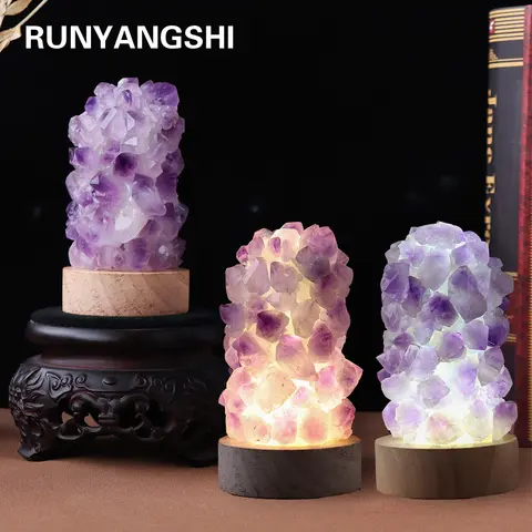 1pc Crystal Wishing Lamp Natural Amethyst Tooth Flower Dim Light USB Interface With Switch Crystal Decoration