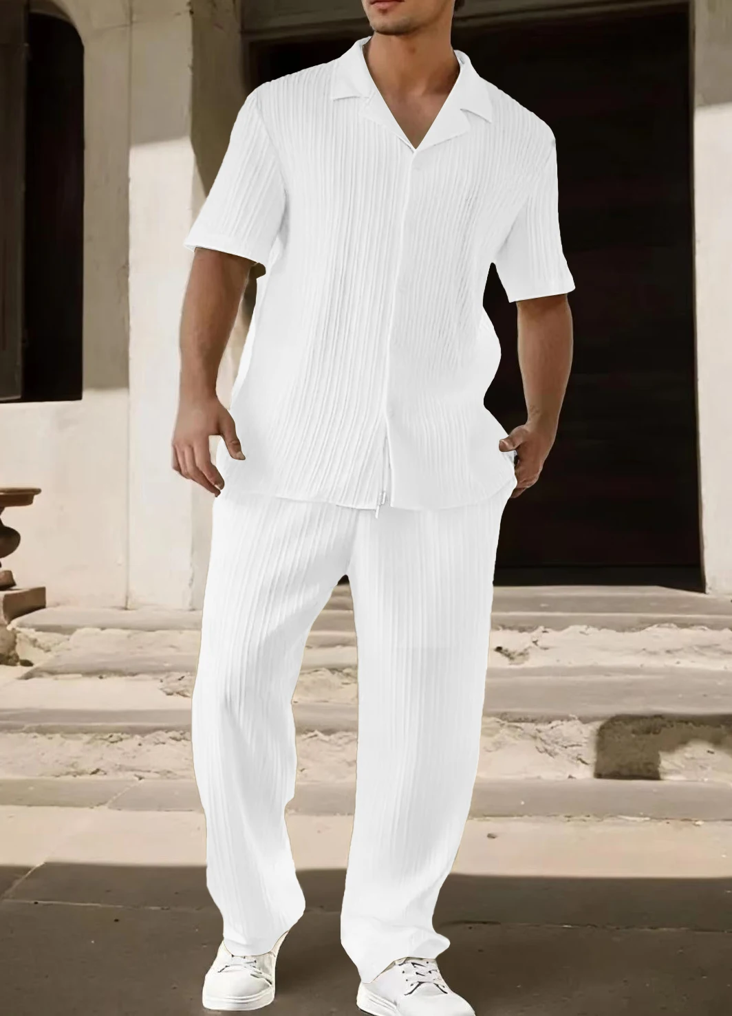 Men's Pleated Textured 2-Piece Outfit, Short Sleeve Shirt & Wide Leg Pants Set
Men's Pleated Textured 2-Piece Outfit, Short Sleeve Shirt & Wide Leg Pants Set