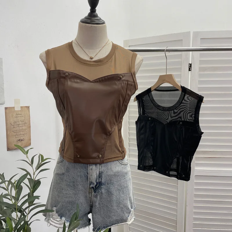 Women Hot Chic Pu Leather Stitching See Through Mesh Top Sleeveless Backless Vest Short Slim Fit Top 2228 Partyclub Leisure Y2K
Women Hot Chic Pu Leather Stitching See Through Mesh Top Sleeveless Backless Vest Short Slim Fit Top 2228 Partyclub Leisure Y2K