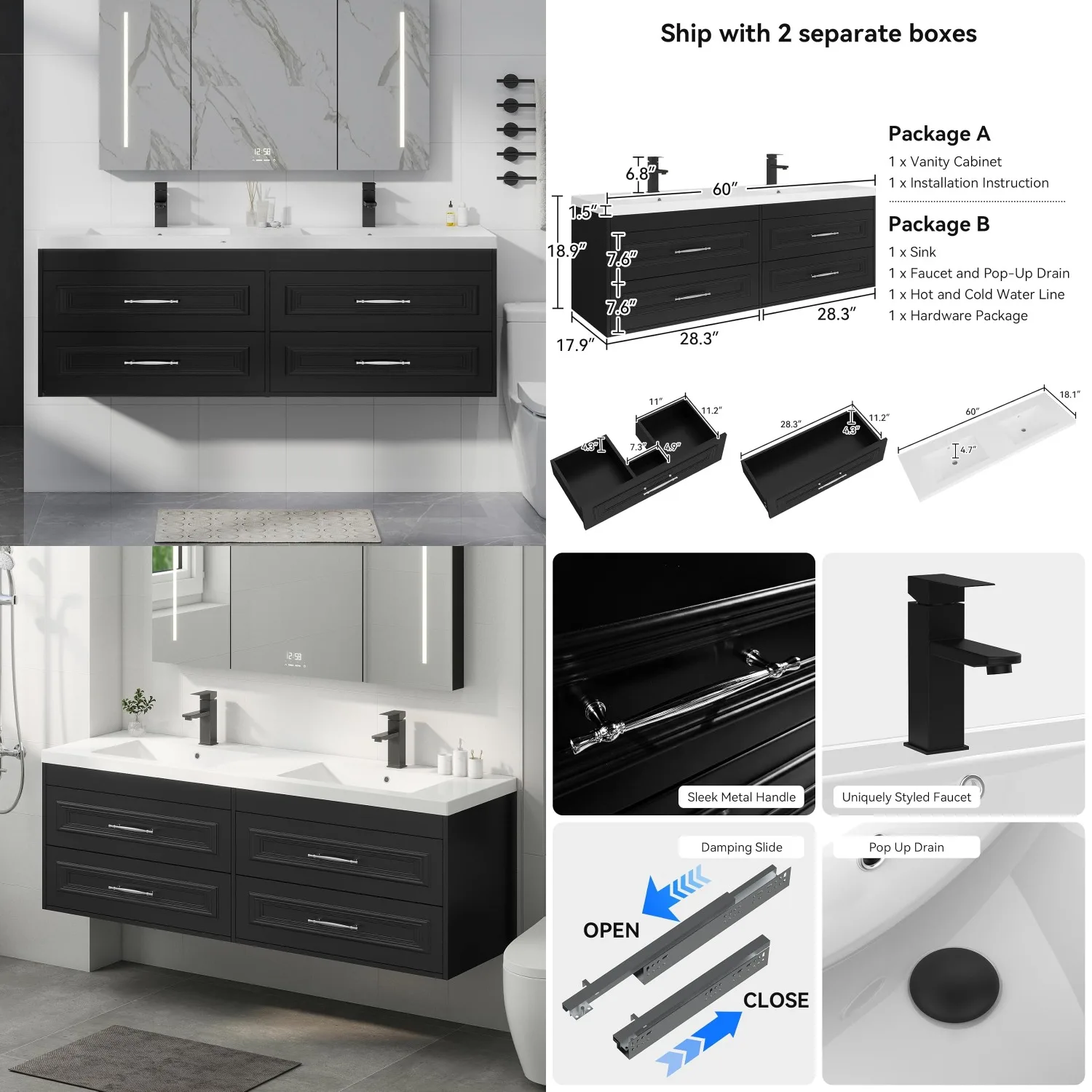 60" Floating Bathroom Vanity Cabinet Wall Mounted with Sink Soft Closing Storage Black, Customized
60" Floating Bathroom Vanity Cabinet Wall Mounted with Sink Soft Closing Storage Black, Customized