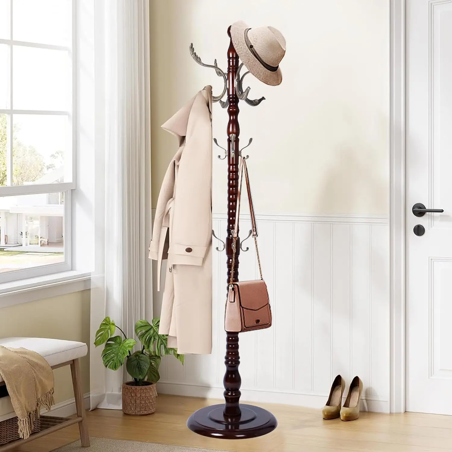Wooden coat rack stand, Heavy duty coat racks tree freestanding with 14 Hooks and Sturdy Round Base, Coat tree for, Customized
Wooden coat rack stand, Heavy duty coat racks tree freestanding with 14 Hooks and Sturdy Round Base, Coat tree for, Customized
