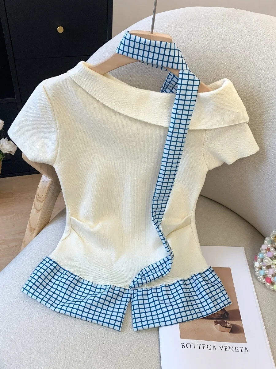 Slim Fit Plaid Shoulder Bared Short Sleeve Fake Two-Piece Top Women's Summer New Design Korean Style Commute Wind Knitted Swe...
Slim Fit Plaid Shoulder Bared Short Sleeve Fake Two-Piece Top Women's Summer New Design Korean Style Commute Wind Knitted Swe...