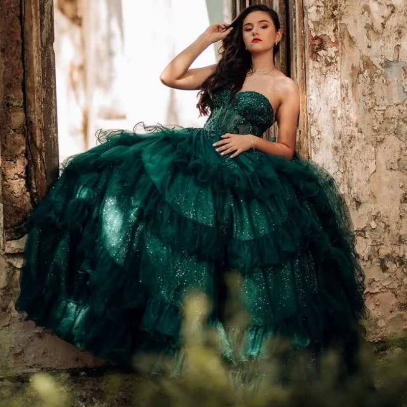 Shiny Dark Green Quinceanera Dresses off-shoulder Glitter Decal Lace layering Long tail Bow Vestido De 15 Quinceanera Customize
Shiny Dark Green Quinceanera Dresses off-shoulder Glitter Decal Lace layering Long tail Bow Vestido De 15 Quinceanera Customize