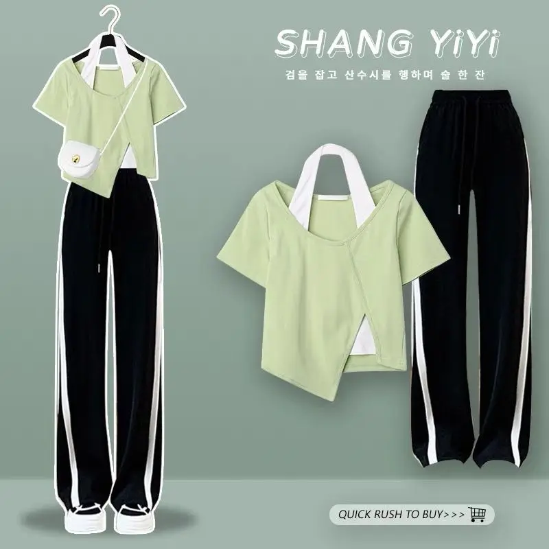 2023 Summer New Casual Fake Two Piece Short Sleeve Top+Sports Pants Matching Set Women's Korean Chic Hanging Neck Blouse Suit
2023 Summer New Casual Fake Two Piece Short Sleeve Top+Sports Pants Matching Set Women's Korean Chic Hanging Neck Blouse Suit