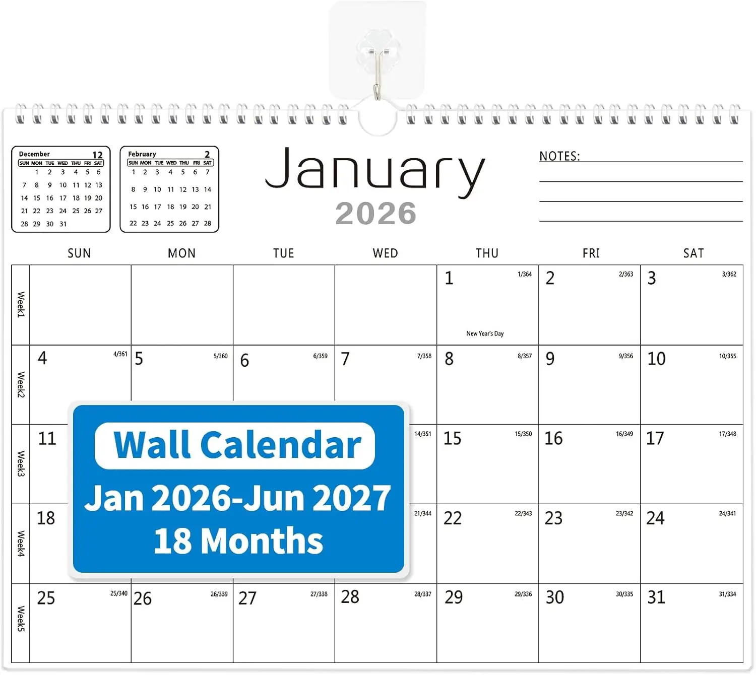 18-Month Wall Calendar 2026-2027, Jan 2026 - Jun 2027, 14.7" x 11", Julian Dates, Large Grids, Twin-Wire Binding
18-Month Wall Calendar 2026-2027, Jan 2026 - Jun 2027, 14.7" x 11", Julian Dates, Large Grids, Twin-Wire Binding