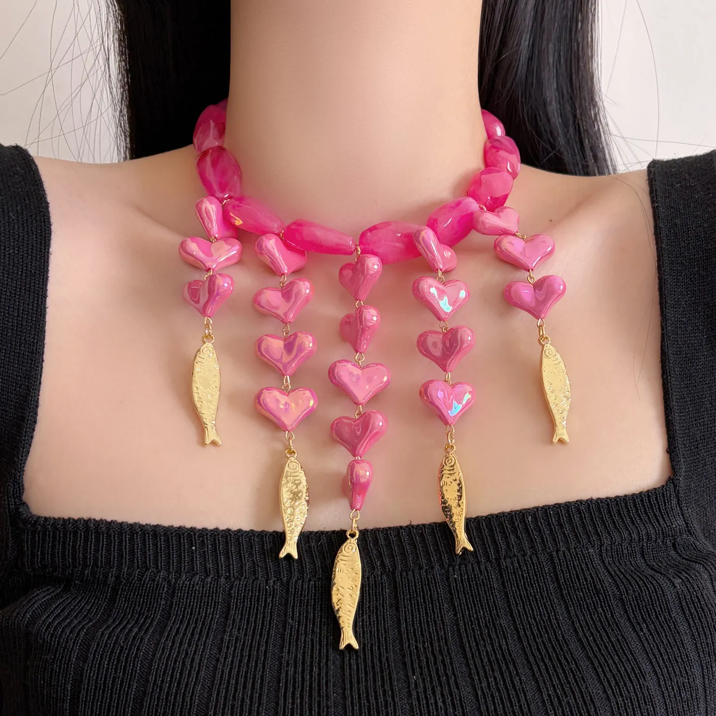 Boho Heart Shaped Resin Beaded Small Fish Pendant Necklace Women Multi Layer Tassel Necklace Fashion Jewelry Accessory Parties
Boho Heart Shaped Resin Beaded Small Fish Pendant Necklace Women Multi Layer Tassel Necklace Fashion Jewelry Accessory Parties