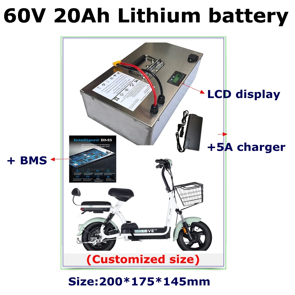 20S Rechargeable 60V 20ah Lifepo4 lithium battery pack with BMS 2000W for scooter bike Tricycle, light supply + 73V5A charger.
20S Rechargeable 60V 20ah Lifepo4 lithium battery pack with BMS 2000W for scooter bike Tricycle, light supply + 73V5A charger.