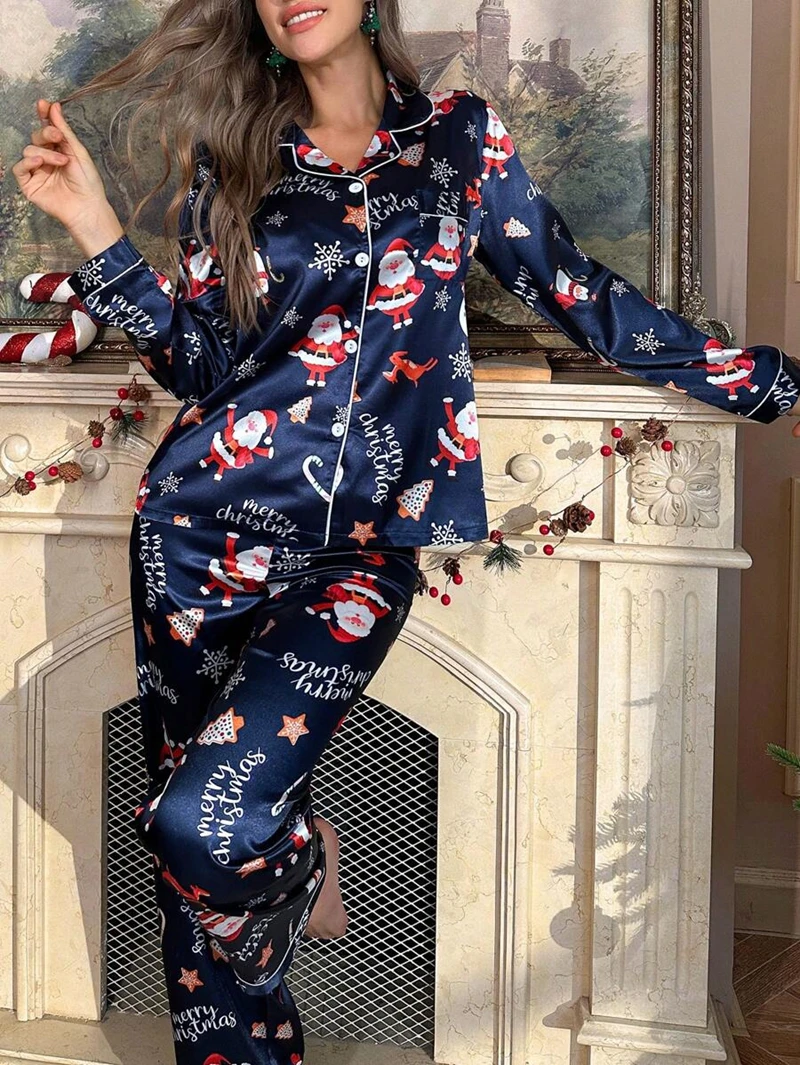 Father Christmas Print Satin Pajama Set Long-Sleeve Lapel Top And Pants Breathable Fabric Ideal For Cozy Sleepware Loungewear
Father Christmas Print Satin Pajama Set Long-Sleeve Lapel Top And Pants Breathable Fabric Ideal For Cozy Sleepware Loungewear