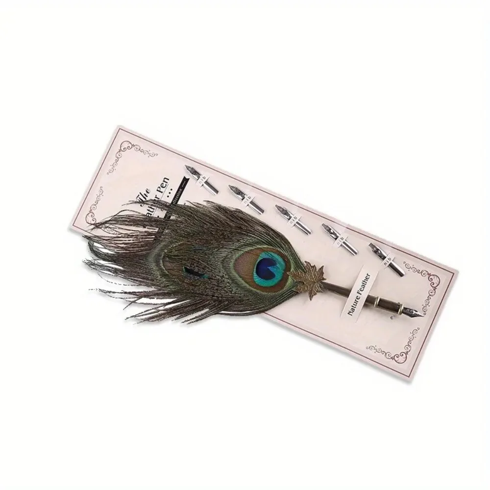 European Vintage Peacock Feather Pen Fountain Pen Dipped in Water Signature Ink Pen 5 Nibs Calligraphy Feather Dip Pen
European Vintage Peacock Feather Pen Fountain Pen Dipped in Water Signature Ink Pen 5 Nibs Calligraphy Feather Dip Pen