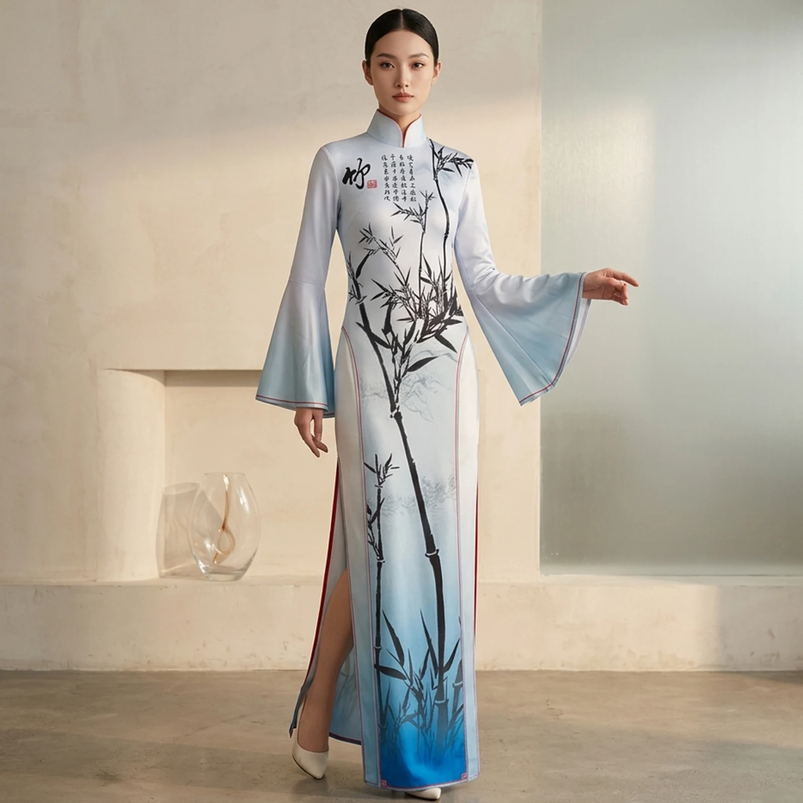Vintage New Chinese Style Qipao Ink Painting Bamboo Flare Sleeve Maxi Dress Elegant Stand Collar Sexy Side Slit Party Dress
Vintage New Chinese Style Qipao Ink Painting Bamboo Flare Sleeve Maxi Dress Elegant Stand Collar Sexy Side Slit Party Dress