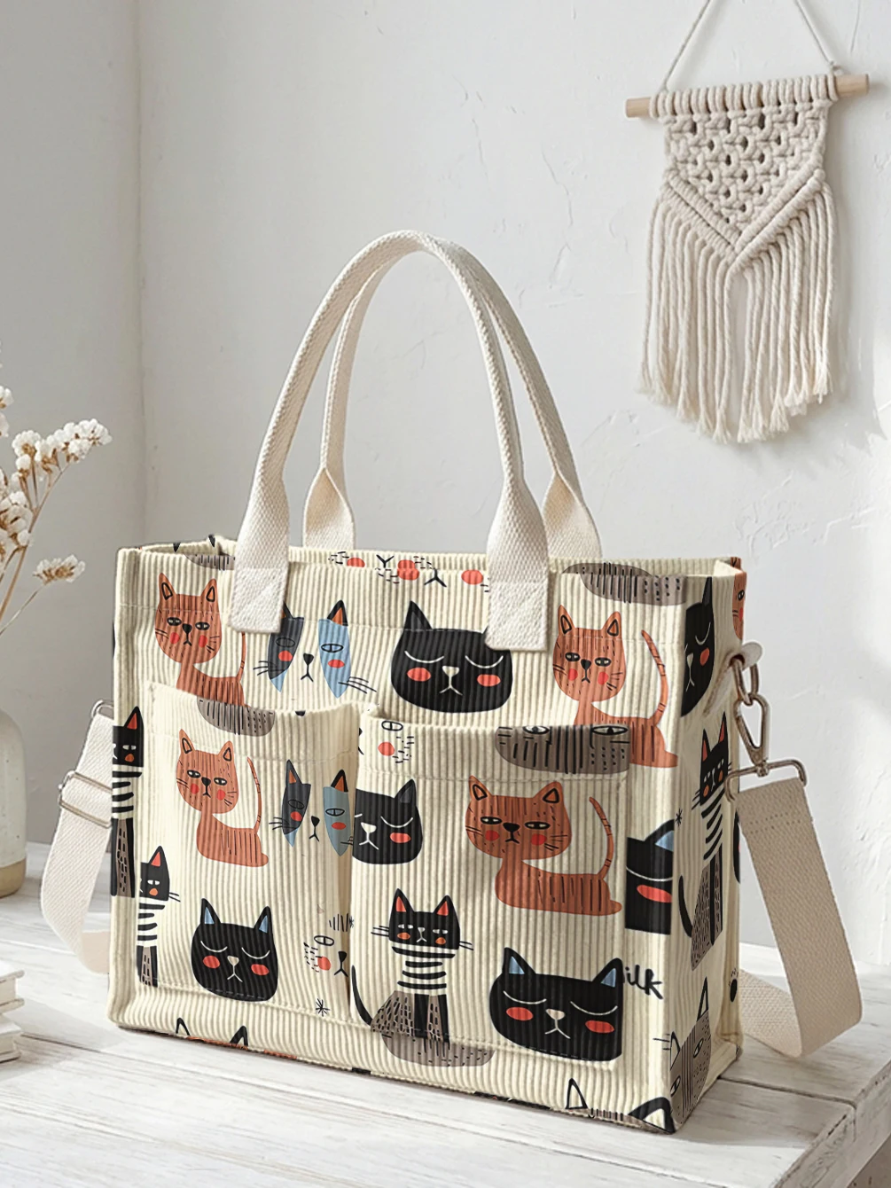 Cartoon Cat Print Beige Corduroy Tote Bag Large Capacity Multi Pocket Commuter Shoulder Bag
Cartoon Cat Print Beige Corduroy Tote Bag Large Capacity Multi Pocket Commuter Shoulder Bag